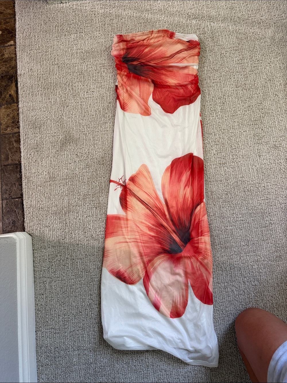 White Strapless Maxi Dress with Red Floral Print